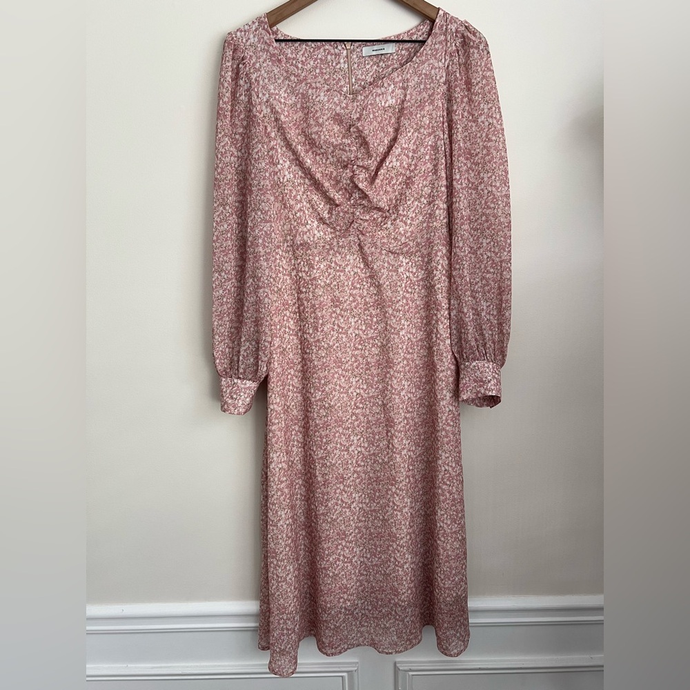 Maronnie pink ditsy floral midi dress long sleeve lined fitted ruched S